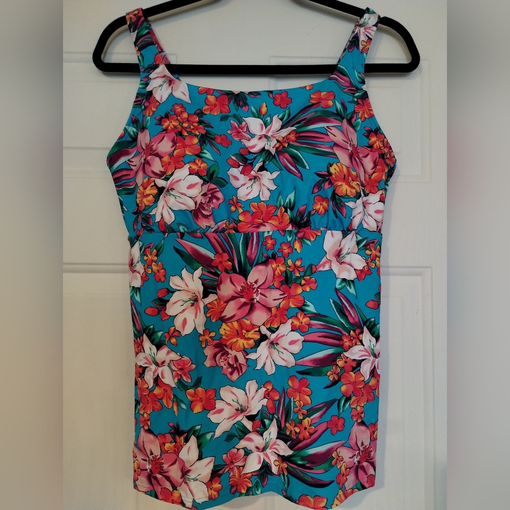 Lands' End Mastectomy Tankini Swim Top Size 14 Turquoise Lily Palm NWT - Picture 3 of 13